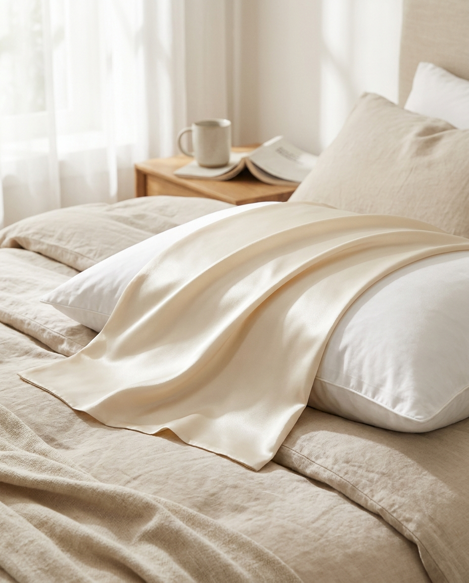 Nocturne Mulberry Silk Pillowcase draped on a plush pillow in soft morning light