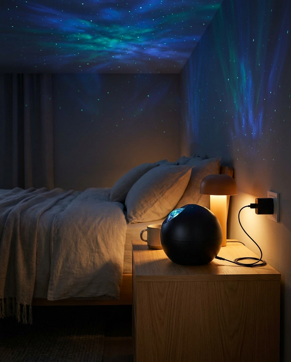 Nocturne Galaxy Projector casting stars across a bedroom ceiling
