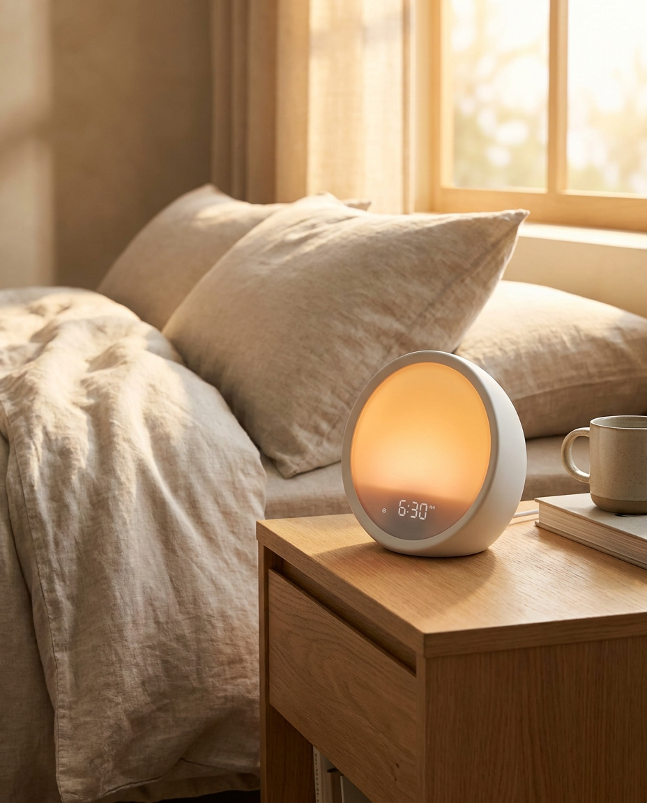Nocturne Sunrise Alarm wake-up light glowing on a nightstand at dawn