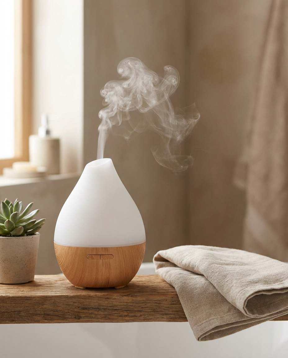 Nocturne Aroma Diffuser releasing a soft mist on a wood shelf