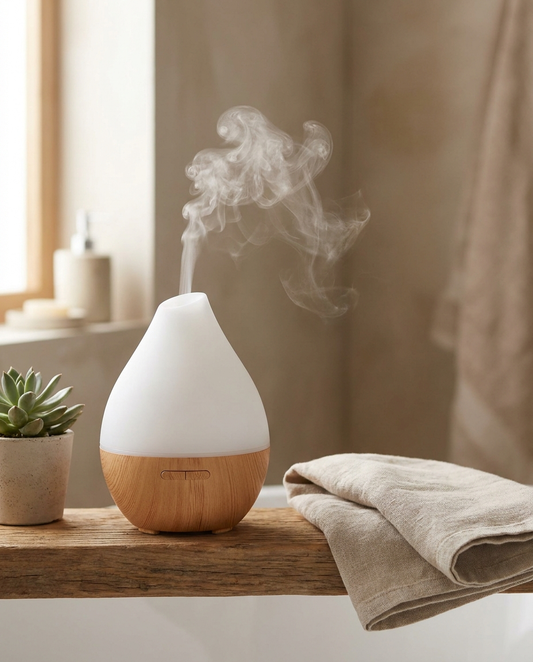 Nocturne Aroma Diffuser releasing a soft mist on a wood shelf