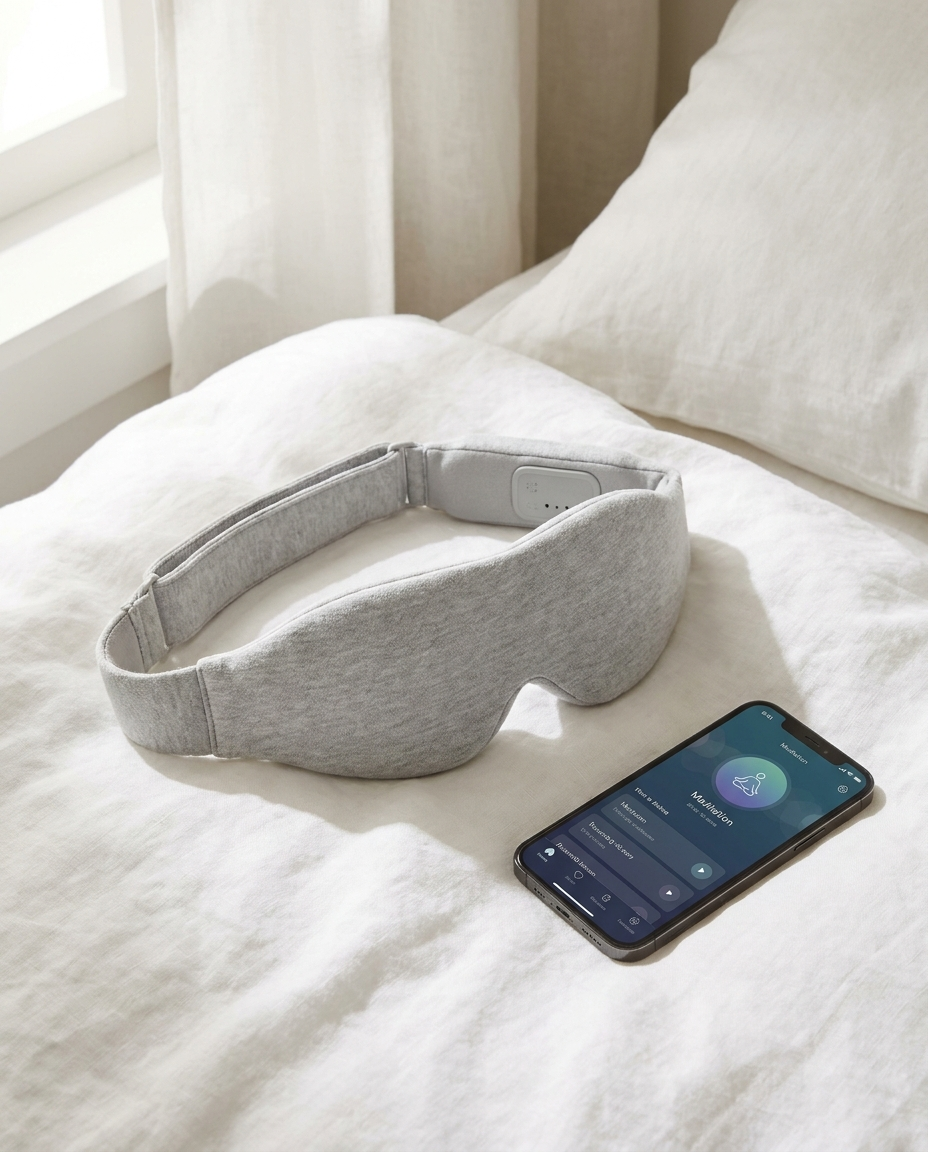 Nocturne Bluetooth Sleep Headband resting on white bedding