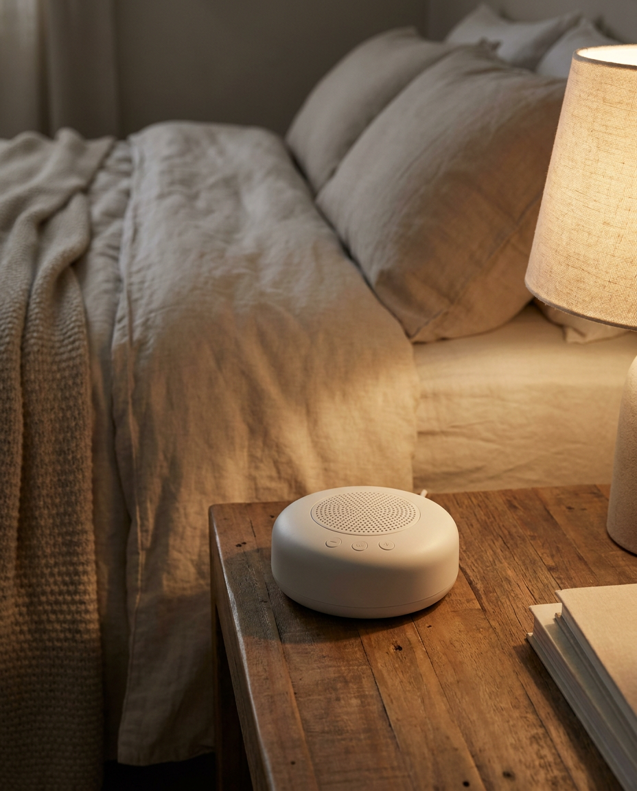 Nocturne Sound Machine on a bedroom nightstand