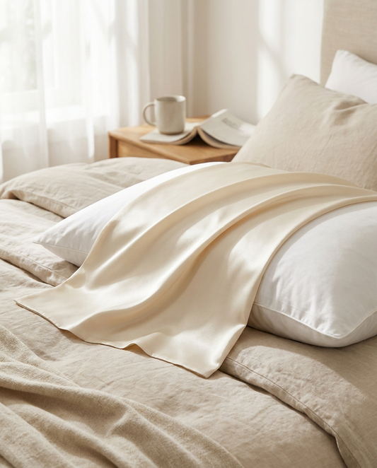 Nocturne Mulberry Silk Pillowcase draped on a plush pillow in soft morning light
