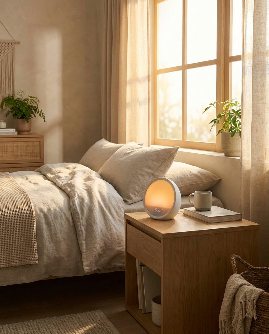 Nocturne Sunrise Alarm glowing on a nightstand in a bedroom at dawn