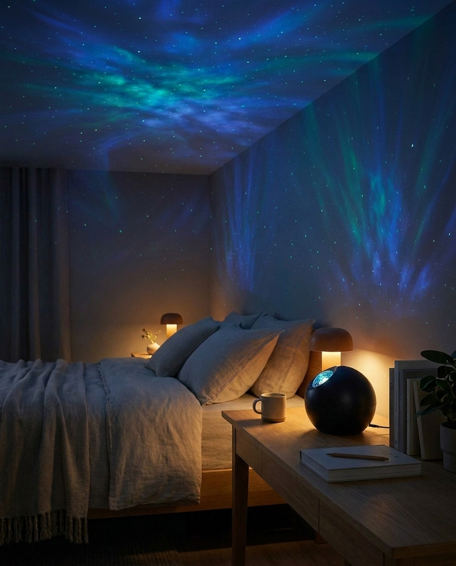 Nocturne Galaxy Projector filling a dark bedroom with stars