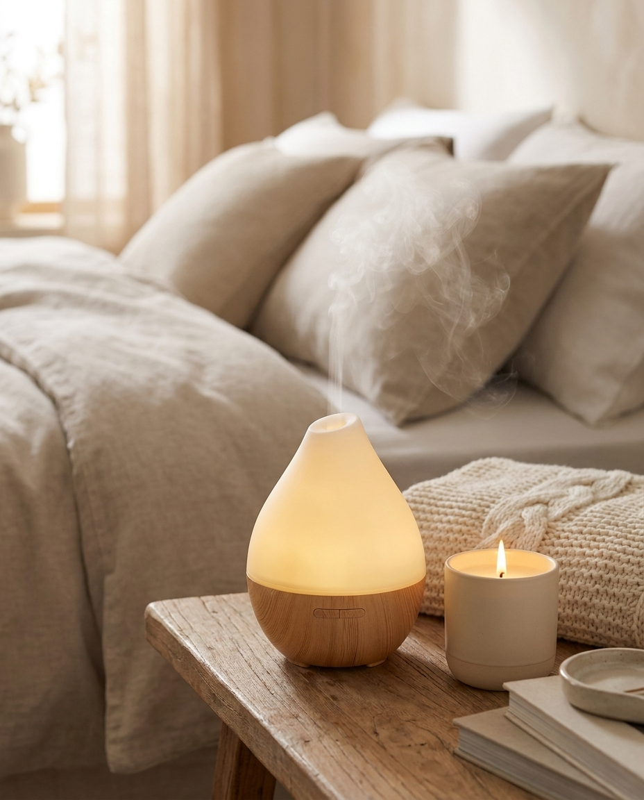 Nocturne Aroma Diffuser releasing mist in a cozy bedroom corner