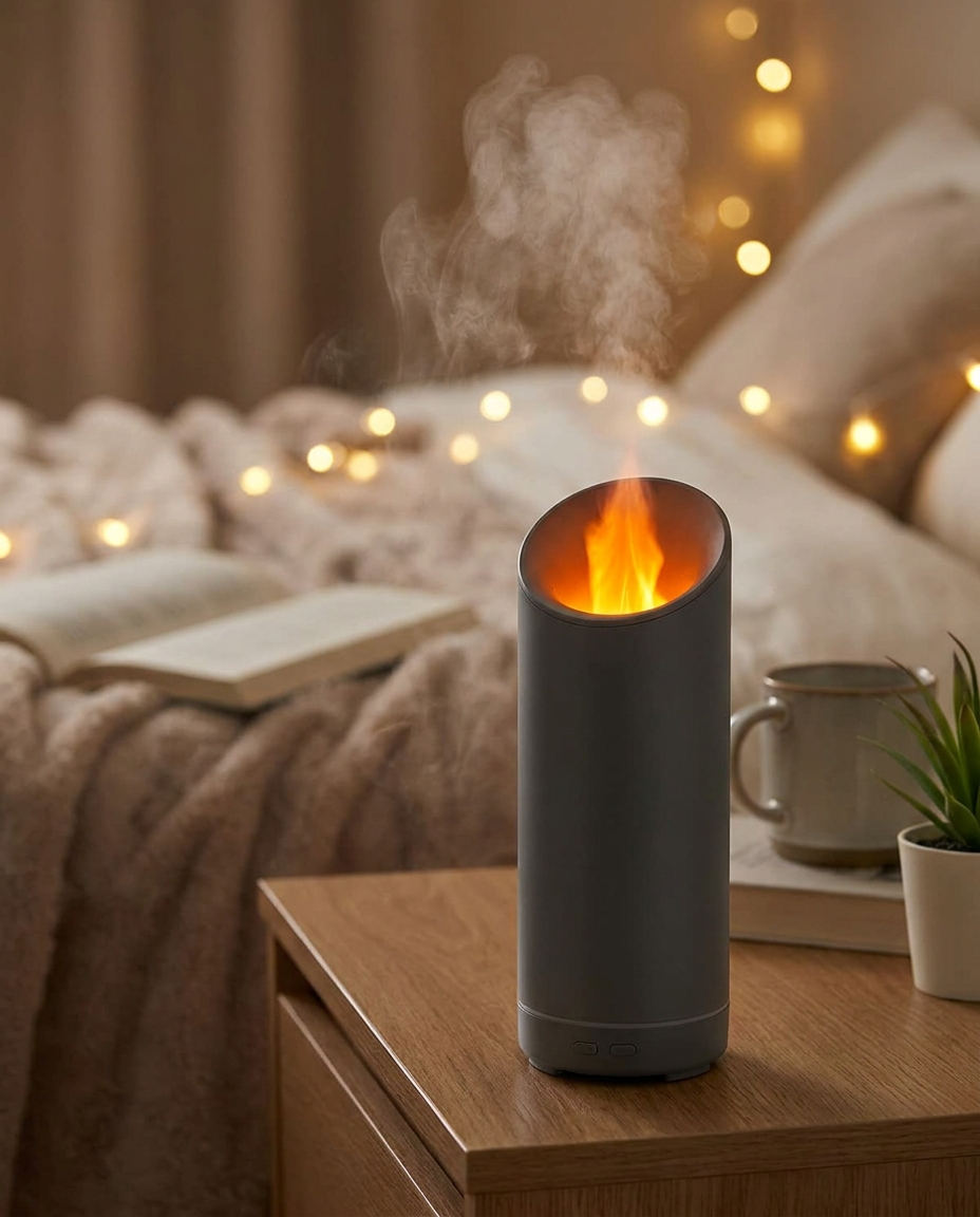 Nocturne Flame Diffuser glowing on a nightstand