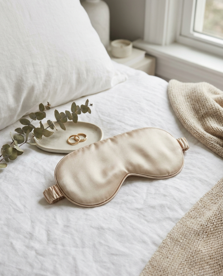 Nocturne Silk Sleep Mask on white bedding