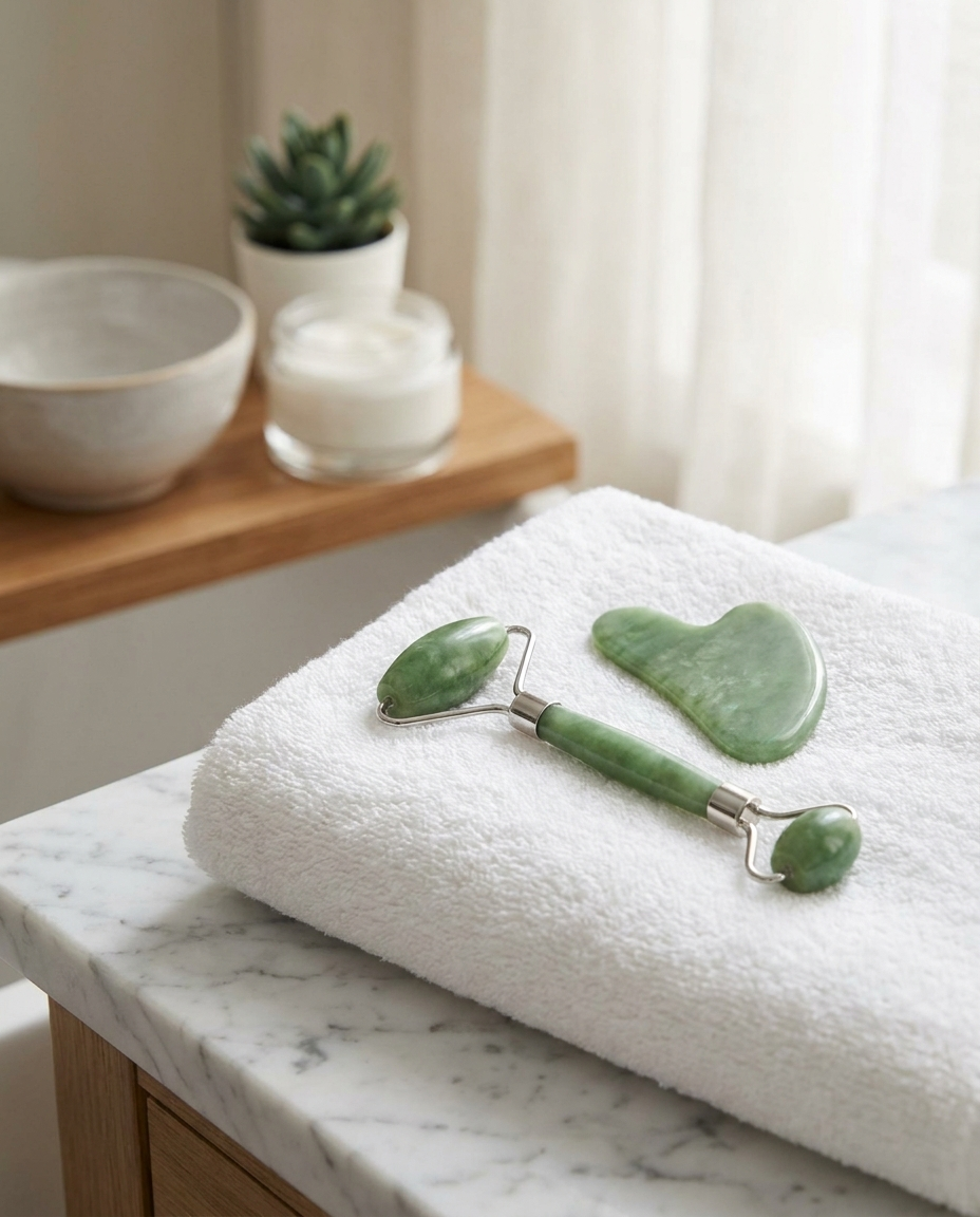 Nocturne Gua Sha and Jade Roller set on marble