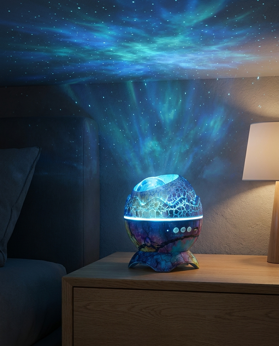 Nocturne Galaxy Projector casting blue stars across a bedroom ceiling