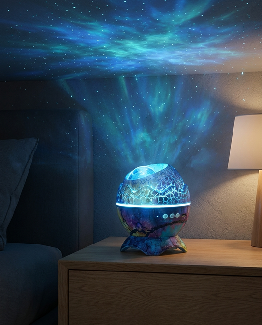 Nocturne Galaxy Projector casting blue stars across a bedroom ceiling
