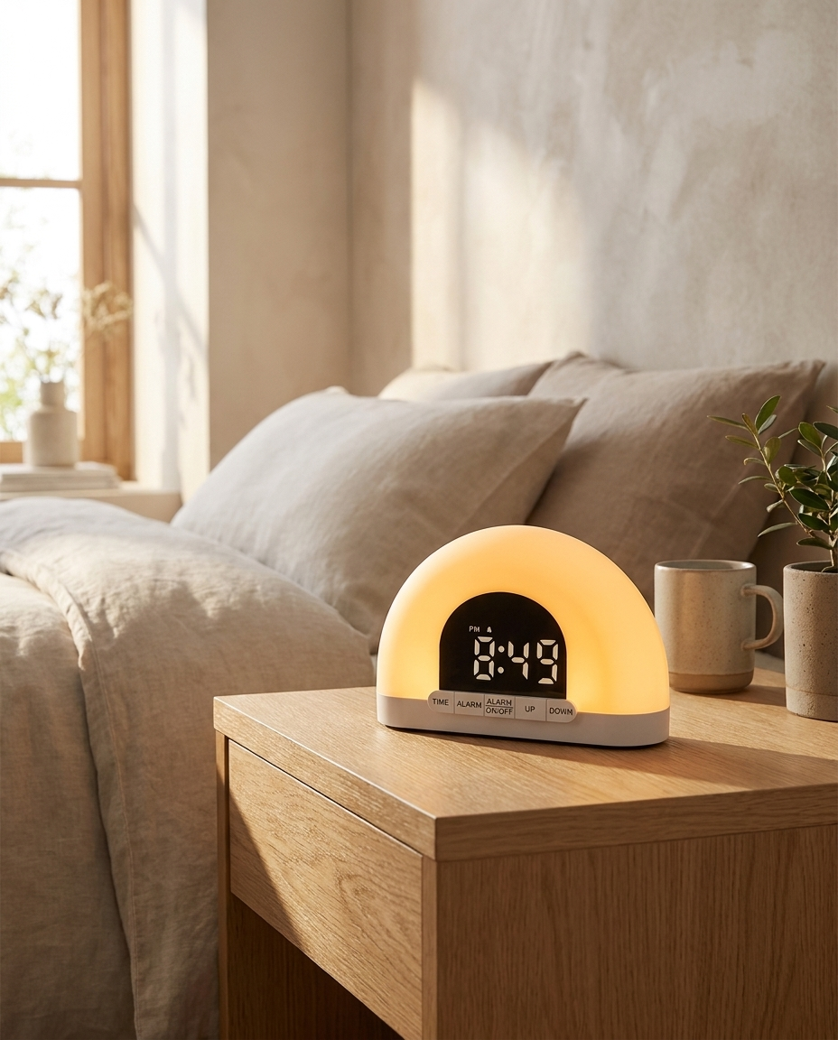 Nocturne Sunrise Alarm wake-up light glowing on a nightstand at dawn