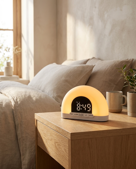 Nocturne Sunrise Alarm wake-up light glowing on a nightstand at dawn