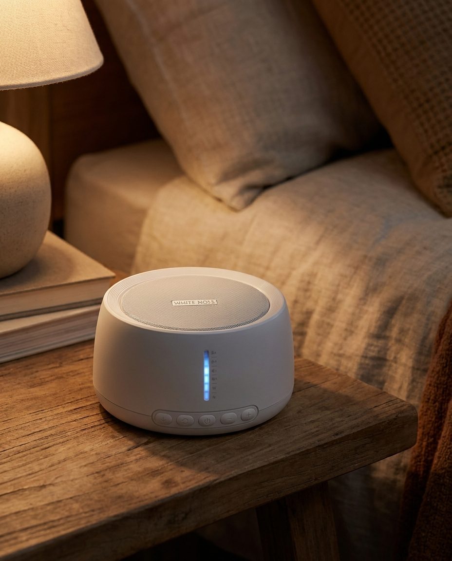Nocturne Sound Machine on a bedroom nightstand