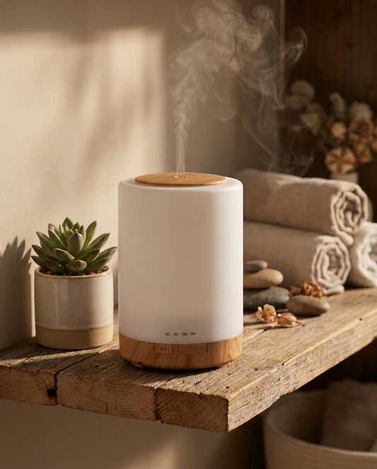 Nocturne Aroma Diffuser releasing mist on a wood shelf